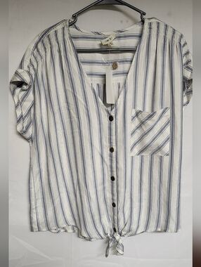 Light Blue Striped Button-Front Tie Hem Women's Top